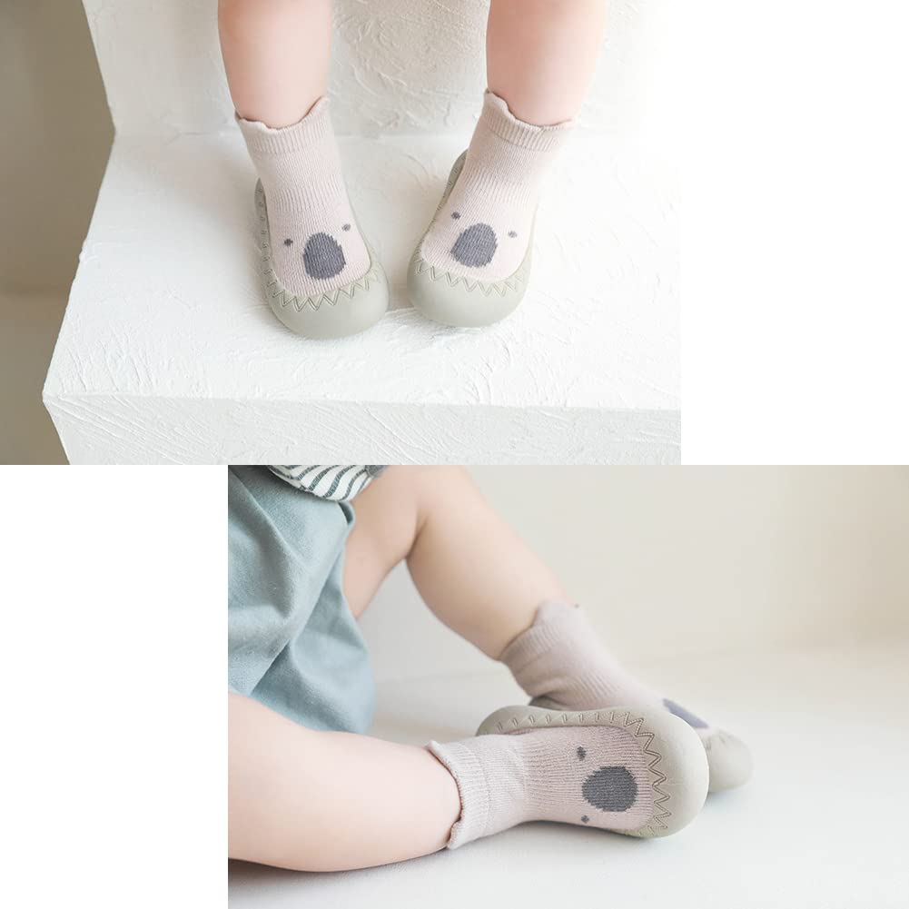 Exemaba Toddler Sock Shoes - Baby First Walking Shoes Soft Sole with Grips for Boys & Girls (Khaki Raccoon, Tag21/6-12 M)
