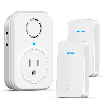 AIDA Wireless Doorbell, Self-powered Doorbell with Extra Socket, No Battery Required Push Button, Cordless Door Bell Ringer, 5 Volume Levels with 32 Doorbell Chimes (White, 2 Button & 1 Receiver)