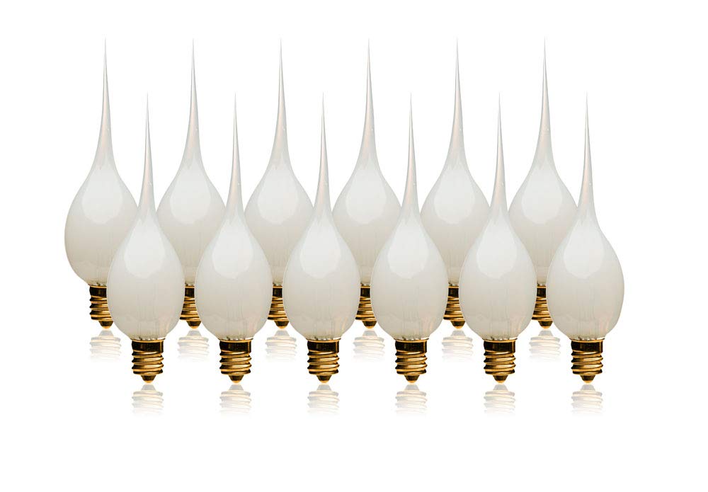 LightLady Studio Silicone Light Bulbs for Candle Lamps, 7 Watts, 12 Pack Dipped Candle Bulbs for Window Candles, Candelabra, Handmade White Flame Shaped Design