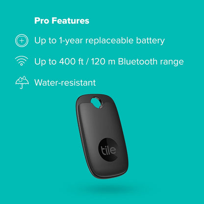 Tile Pro (2022) Bluetooth Item Finder, 1 Pack, 120m finding range, works with Alexa and Google Smart Home, iOS and Android Compatible, Find your Keys, Remotes & More, Black
