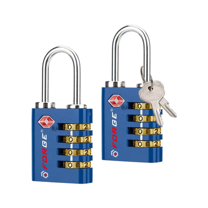 Forge Dual-Opening: Key or Combination Access Lock, TSA Approved Locks for Luggage, Pelican case, Travel, Gym, School, Stainless Steel Shackle. (Blue 2 Pk)