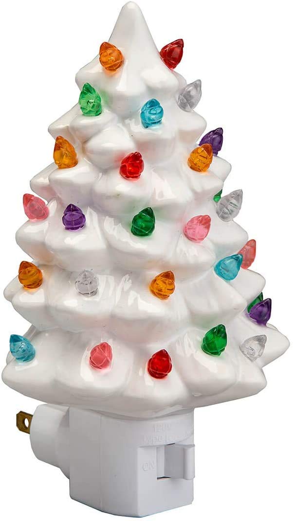 Collections Etc. Decorative Ceramic Christmas Tree Night Light -White
