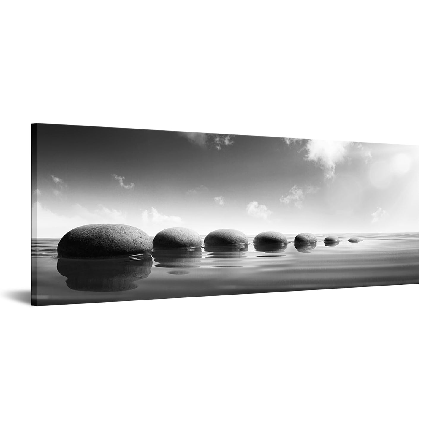 iKNOW FOTO Large Tranquil Zen Stones Canvas Print Monochrome Spa Wall Decor for Home & Office - Serene Nature Artwork for Living Room, Bathroom Mindfulness Black & White Picture 20x55 Inch
