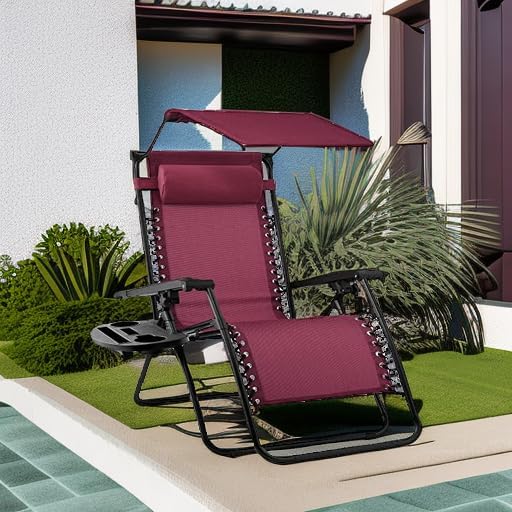 Best Choice Products Folding Zero Gravity Outdoor Recliner Patio Lounge Chair w/Adjustable Canopy Shade, Headrest, Side Accessory Tray, Textilene Mesh - Burgundy