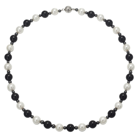 Pearl & Black Onyx Necklace Hematite Necklace10mm Pearl Crystal Handmade Choker Bead Necklace Gifts for Family Friends Men Women Unisex 20"