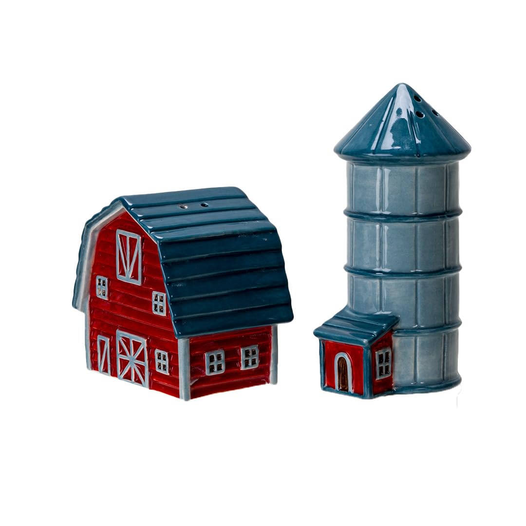 Pacific Giftware Ceramic Country Style Barn and Silo Salt and Pepper Shakers Set Farmhouse Kitchen Table Decor Rustic Red Barn Design Collectible Novelty Gift 2.2"H