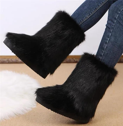 Valpeak Snow Boots for Women 2023 Furry Boots Winter Knee High Flat Heel Fluffy Faux Fur Boots(Black,9)