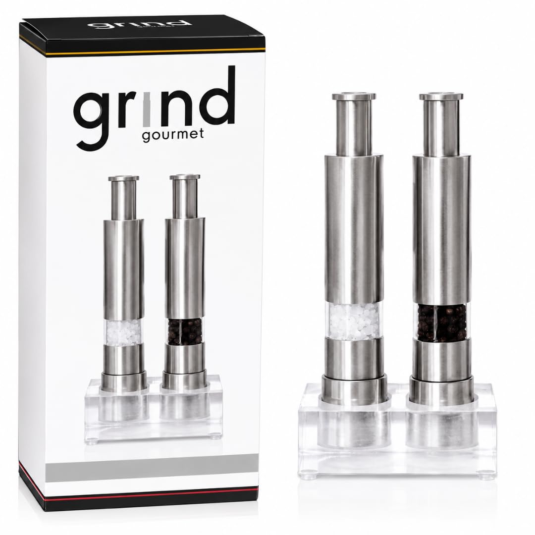 Grind Gourmet Salt and Pepper Grinder Set, Original Pump & Grind Peppermill are Refillable, Modern Thumb Press Grinder, Works With Black Pepper, Sea Salt, Himalayan Salts, Stand Included