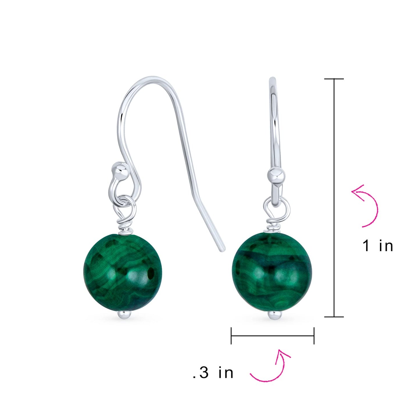 Bling Jewelry Timeless .925 Sterling Silver Green Malachite Bead 8mm Ball Drop Earrings Fish Hook Genuine Gemstone