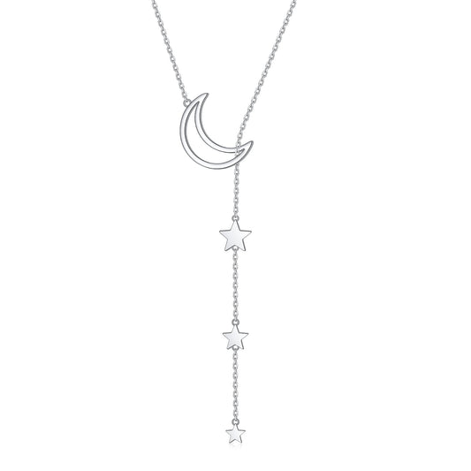 DAOCHONG Moon Star Y Shaped Lariat Necklace Sterling Silver Lariat Long Chain Drop Adjustable Necklace Layered Necklace 30"