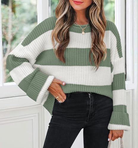 ZESICA Women's 2025 Fall Long Sleeve Oversized Striped Color Block Comfy Loose Crew Neck Knitted Pullover Sweater