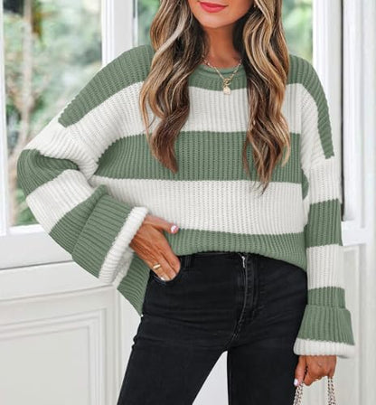 ZESICA Women's 2025 Fall Long Sleeve Oversized Striped Color Block Comfy Loose Crew Neck Knitted Pullover Sweater