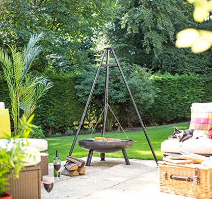 La Hacienda Tripod with BBQ Cooking Grill - Adjustable Height - Portable - Camping, Black