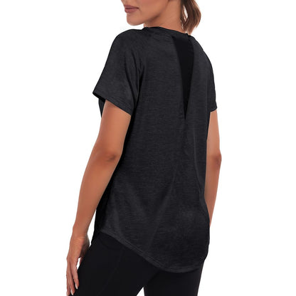 Jlowesun Women's Long Yoga Gym Tops, Sprots Running Exercise T-Shirt Short Sleeve Back Mesh Workout Loose Fit Summer Quick Dry Fitness Activewear Athletic Tee for Ladies