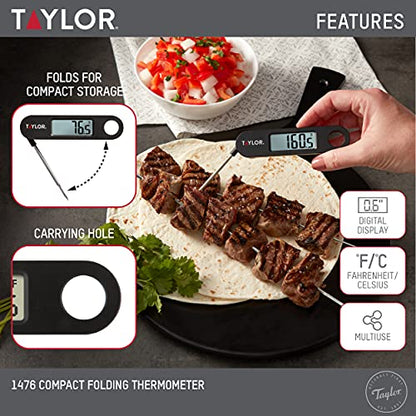 Taylor 1476 Instant Read Digital Meat Food Grill BBQ Cooking Kitchen Thermometer, Tailgating and Grilling Compact Folding Probe, Black