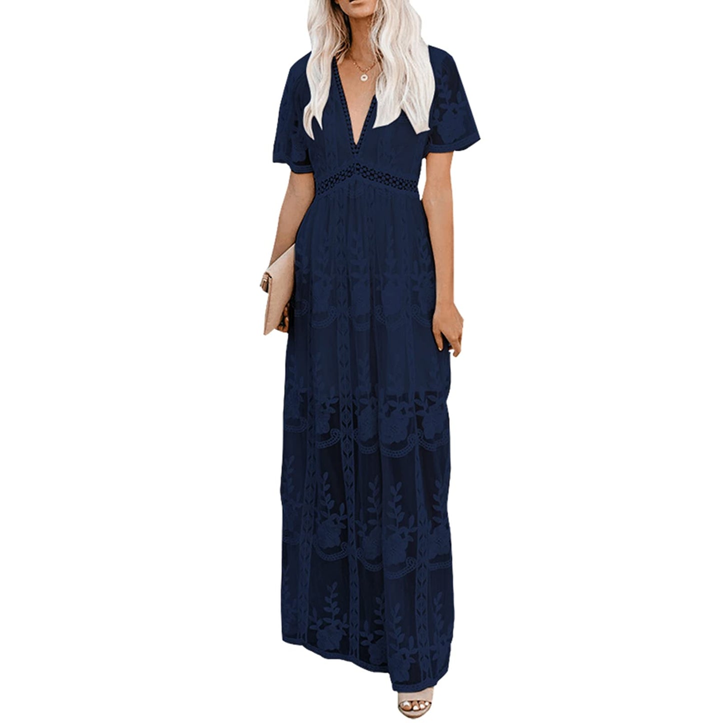 Womens Deep V Neck Short Sleeve Floral Lace Dress Long Bridesmaid Maxi Dresses