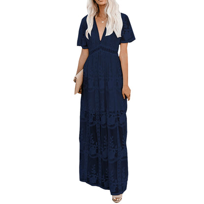 Womens Deep V Neck Short Sleeve Floral Lace Dress Long Bridesmaid Maxi Dresses