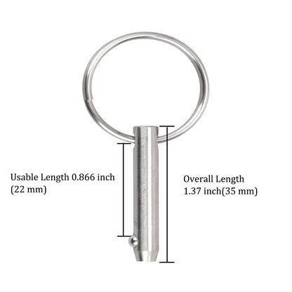 4 PCS Marine 316 Stainless Steel Quick Release Pin Bimini Top Pin, Diameter 3/16"(4.8 mm), Overall Length 1.37"(35 mm), Usable Length 0.866"(22 mm)