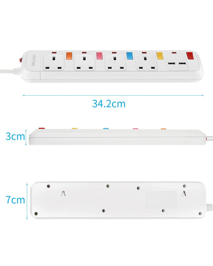 Extension Lead with USB Slots 3M,Mscien 4 Way Sockets Individually Switched Power Extension with Surge Protection, Overload Protecton,Cicurit protection,Wall Mountable Extension Cord