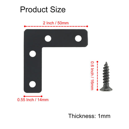 Hordion 10Pcs 2 x 2 Inch L Bracket Corner Brace (50 X 50mm), Iron Flat Corner Bracket Heavy Duty, Metal L Shaped Bracket Support Brace, Right Angle Bracket Repair Plates with Screws