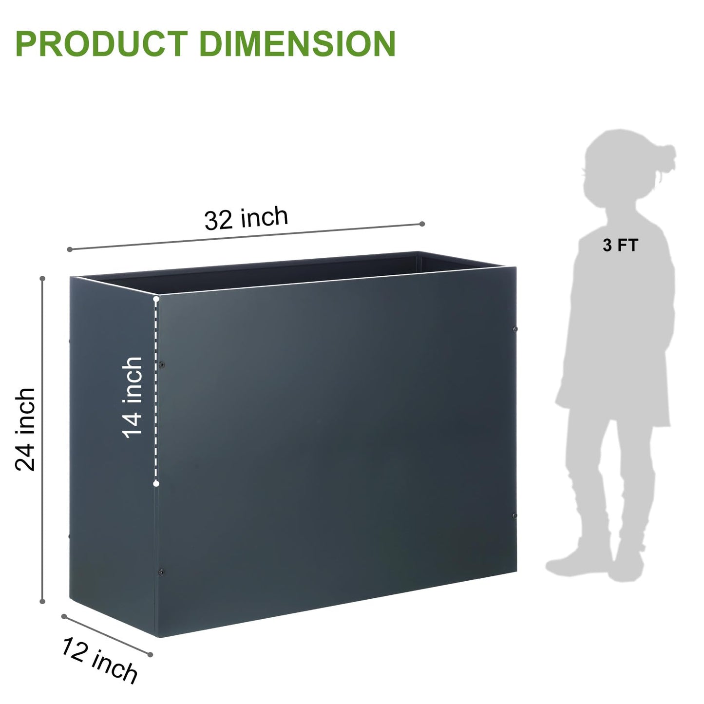 BAYN Metal Rectangular Planter Box Tall Planters for Outdoor Plants Modern Heavy Duty with Drainage Holes for Outside Indoor Patio Deck - Grey, 32”x 12”x 24”