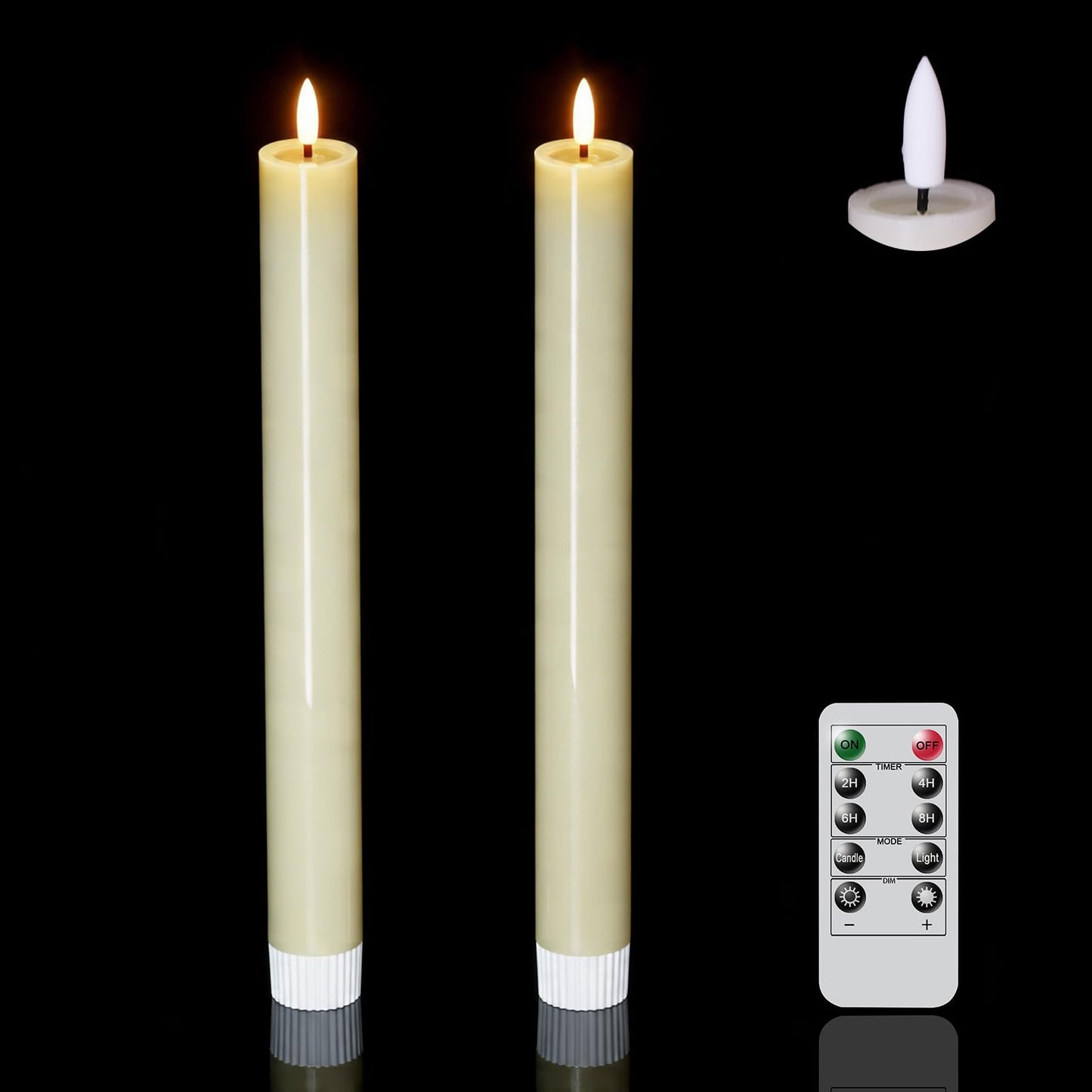 DRomance Large Flameless Taper Candles Battery Operated with Remote and Timer, Real Wax 3D Wick Flickering Ivory LED Taper Candlesticks Wedding Dinner Christmas Holiday Decor(2pcs, 1.14" D x 9.92" H)
