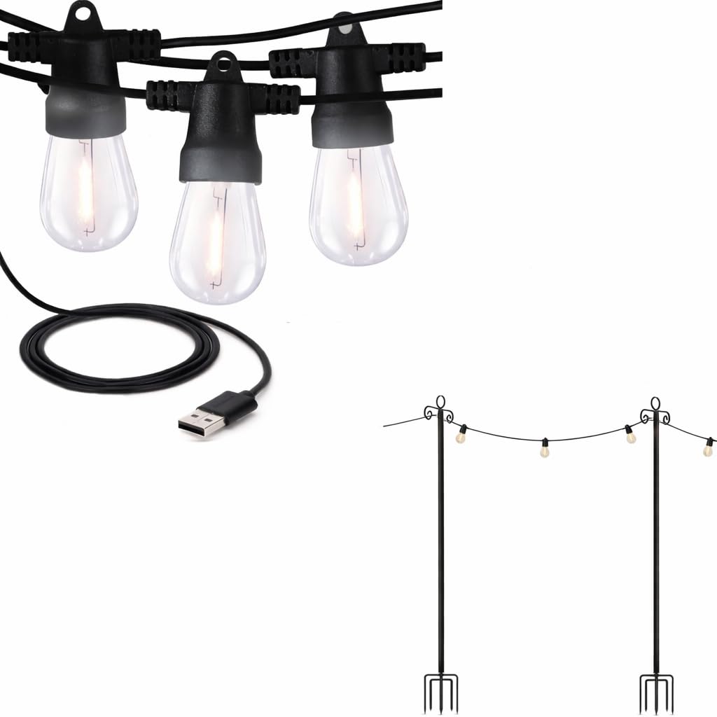 Brightech Bundle Ambience Pro USB Powered String Lights - 24 Ft + 4-Pack 10FT String Light Poles