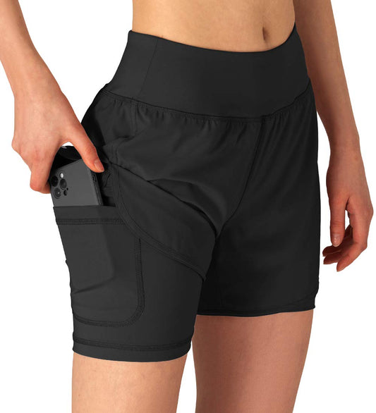 Gopune Women's 2 in 1 Running Shorts Workout Athletic Gym Yoga Shorts with Phone Pockets Black,XL