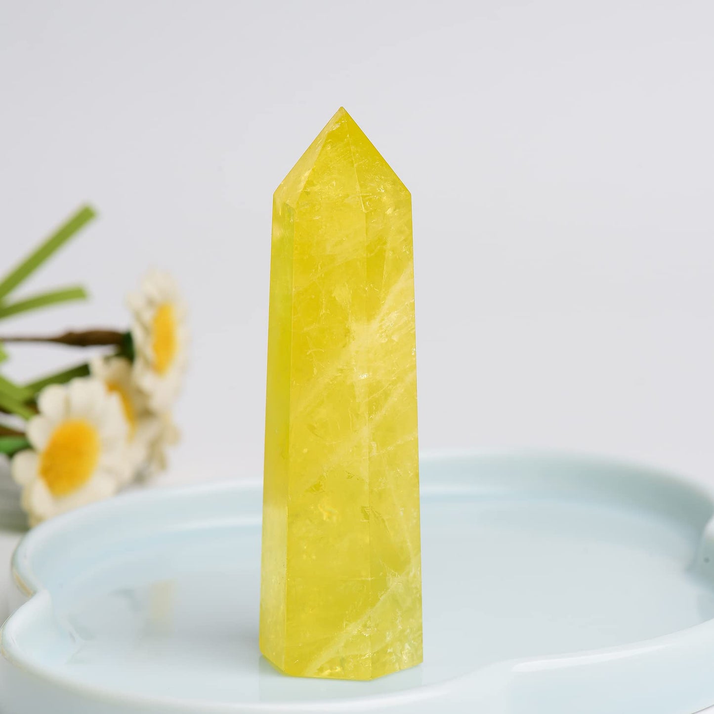 WUYOUSHI 1PCS Citrine Natural Crystal Tower 3.54-4.33" Healing Crystal Wand 6 Faceted Chakra Reiki Meditation Therapy