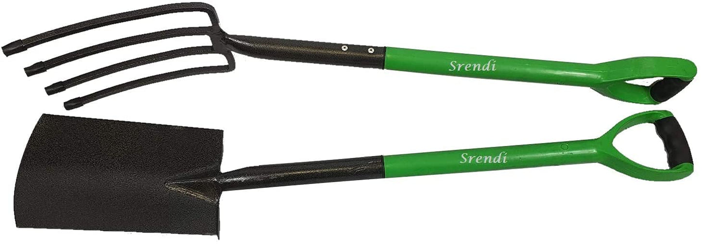 Easy Shopping® Set of Spade & Fork, Garden Rake, Prong Rake, Dutch Hoe, Digging Hoe Head with Handel and 3.5M Window Cleaner (Spade & Fork Set)