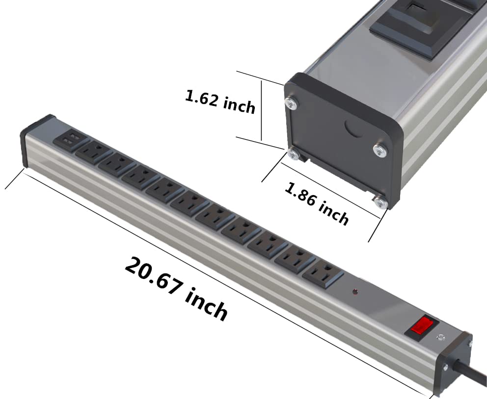 20 Outlet Heavy Duty Metal Socket Power Strip,15-Foot Long Extension Cord with Circuit Breaker. Mounting Brackets Included,Workshop/Industrial use,ETL Certified