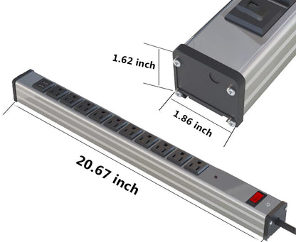 20 Outlet Heavy Duty Metal Socket Power Strip,15-Foot Long Extension Cord with Circuit Breaker. Mounting Brackets Included,Workshop/Industrial use,ETL Certified