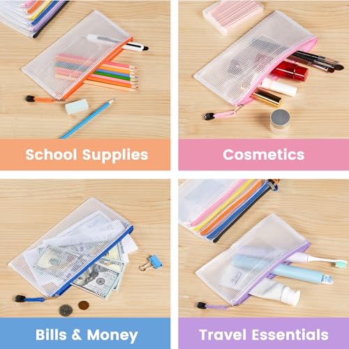 Sooez 24 Pack Mesh Zipper Pouch Bags with Label Pocket, A6 (9.1×4.7 in) Small Pencil Case Pouch for Organizing, Clear Plastic Pencil Pouches Bulk for School Supplies Storage, Money Envelopes for Cash