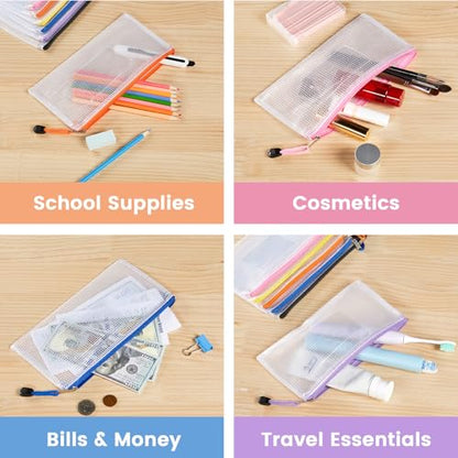 Sooez 24 Pack Mesh Zipper Pouch Bags with Label Pocket, A6 (9.1×4.7 in) Small Pencil Case Pouch for Organizing, Clear Plastic Pencil Pouches Bulk for School Supplies Storage, Money Envelopes for Cash
