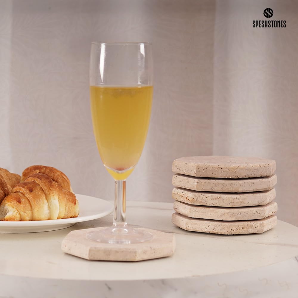 SPESHSTONES Marble Coasters Set of 6 Handmade 3.75 Inch Travertine Coaster for Drinks - Ideal Stone Drink Coasters for Coffee Bar Accessories, Dining Table & Home Décor