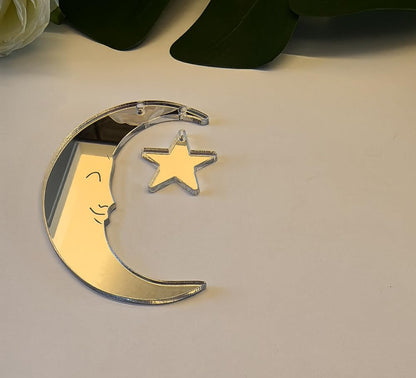 Set of 20 Crescent Moon and Star,Christmas Moon and Star Hanging Ornament for Window &Christmas Tree Decoration (Siver Mirror)
