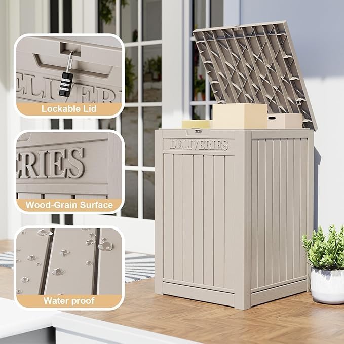 DRATO 48 Gallon Package Delivery Box, Large Lockable Storage Box, Double-Wall Resin Outdoor Package Delivery and Waterproof Deck Box for Porch, Patios（ Grey，48 Gallon）