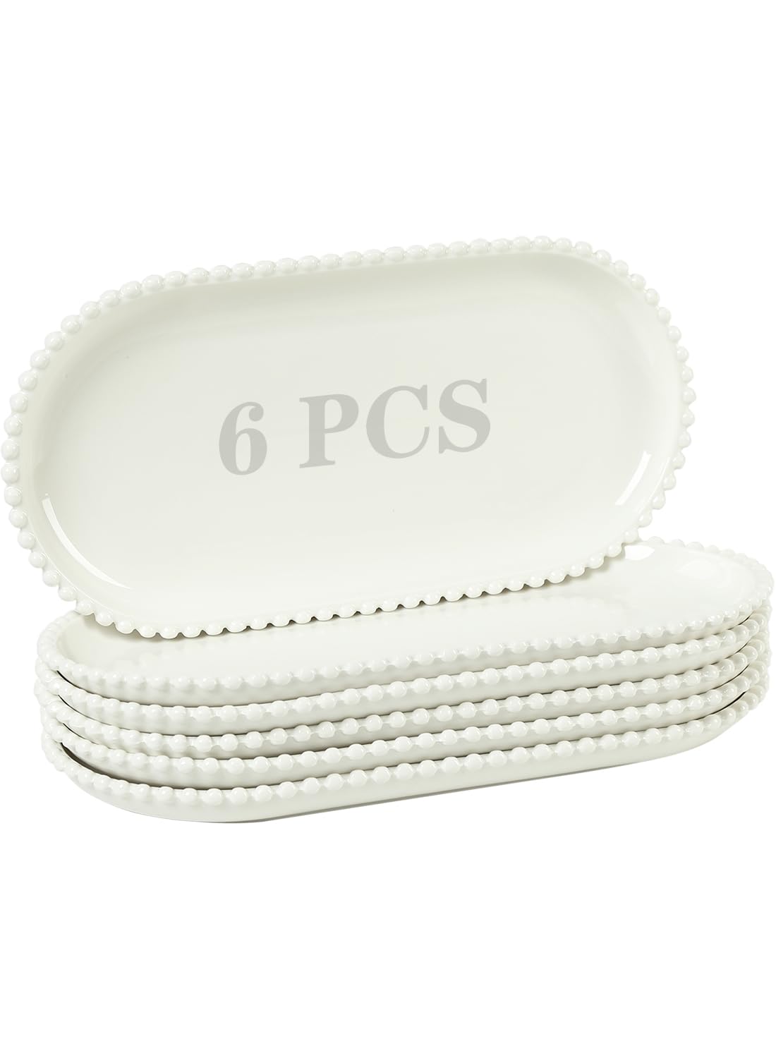 TAMAYKIM 12 Inch Porcelain Serving Platters Set of 6 - White Ceramic Trays with Beaded Edge, Oval Serving Plate for Steak, Taco, Sushi, Appetizer, Cake - Dishwasher & Oven Safe