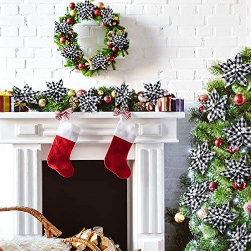 Syhood 12 Pieces Buffalo Plaid Poinsettias Christmas Tree Ornaments Artificial Christmas Flowers with Glitter Powder for Christmas Tree Wreaths Garland Holiday Decorations 6.7 Inch (Black and White)
