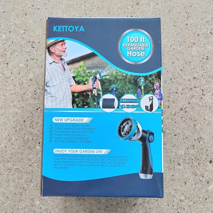 KETTOYA 100FT Expandable Garden Hose, Flexible Water Hose with 10-Pattern Spray Nozzle, Leak-Proof Retractable Heavy Duty Hose Pipe, 4-Layer Latex Core, Durable 3750D, Male Valve Connector, Kink-Free