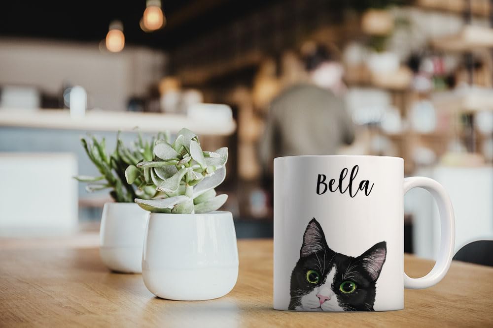 MUGBREW Personalized Coffee Mug with Your Name or Text, Customized Gifts For Christmas Birthday Anniversary, Ceramic 11 OZ Coffee Mug Tea Cup - Black White Tuxedo Cat