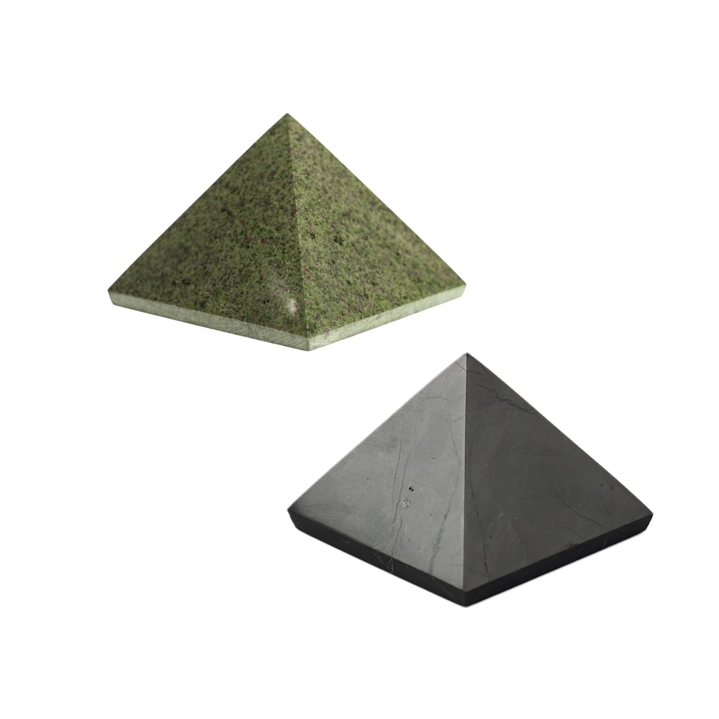Karelian Heritage Shungite and Green Basalt Pyramid Set 2 Pack, Meditation Authentic Solid Stones, 2 Inch Polished Sacred Geometry Healing Crystals (Light Green)