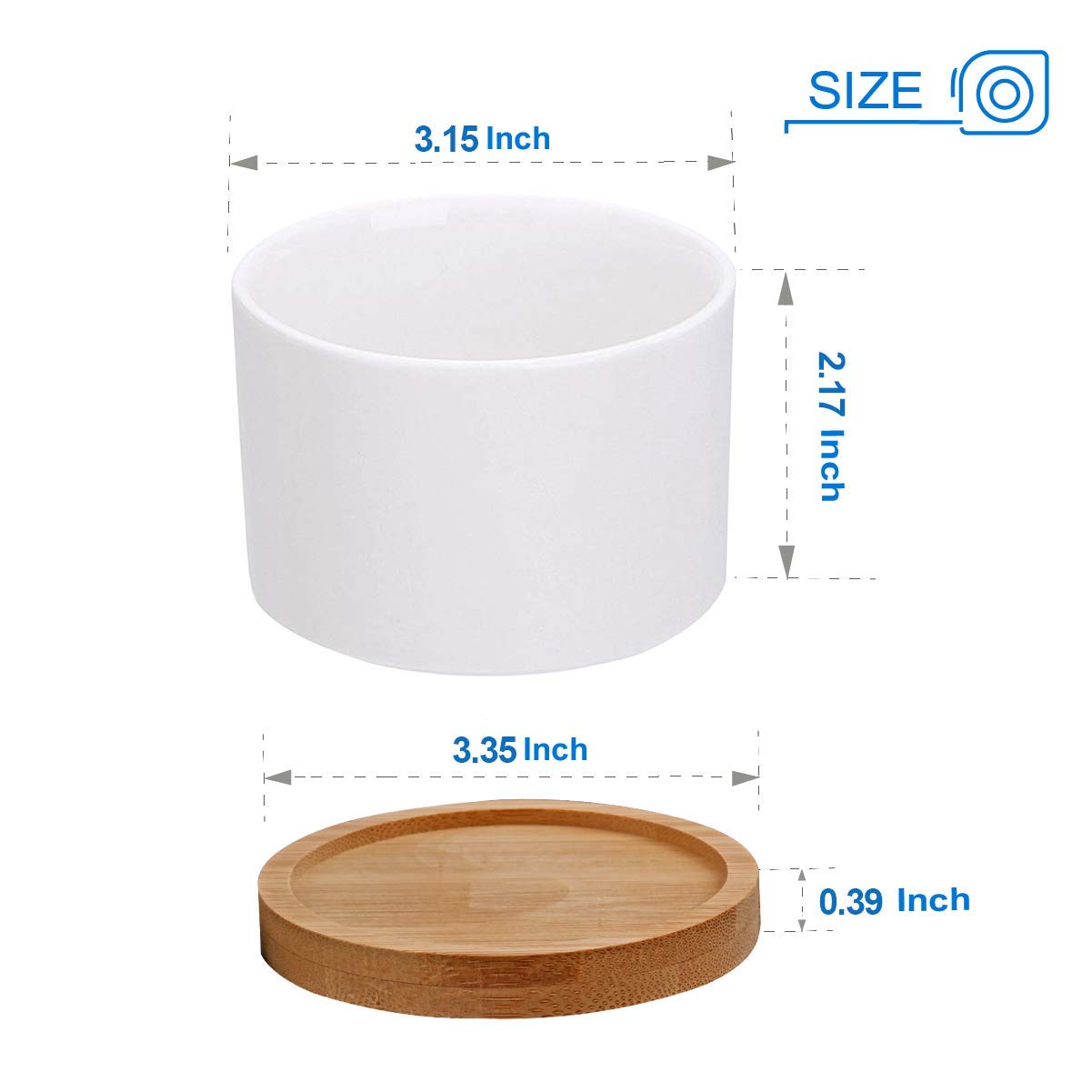 ZOUTOG Succulent Pots, White Mini 3.15 inch Ceramic Flower Planter Pot with Bamboo Tray, 6 inch Ceramic Planters for Indoor Plants, Plants Not Included
