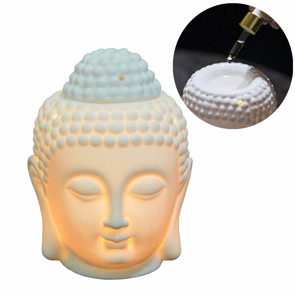 Ceramic Buddha Head Essential Oil Burner with Candle Spoon for Yoga Spa, Aromatherapy Wax Melt Burners Oil Diffuser Tealight Candle Holder for Bedroom Home Garden Decor (White)