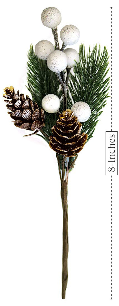 OLYPHAN White Christmas Berries/Berry Stems w. Pine Branches & Artificial Pine Cones/White Holly Spray/Wreath Picks for Winter Decor, Holiday Crafts, Xmas Decorations/Decorative Pick (Snow)
