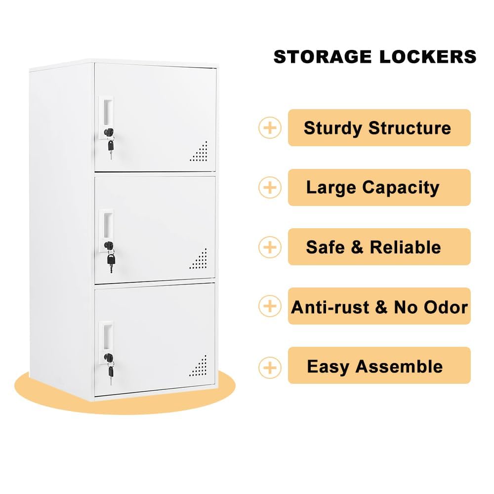 FURSTEL Student Locker Organizer, Multi-Door Steel Locker, Small Locking Cabinet Storage Organizer, Office File Cabinet, Home Locker, Gym Locker, Metal Storage Locker (3 Door, White)