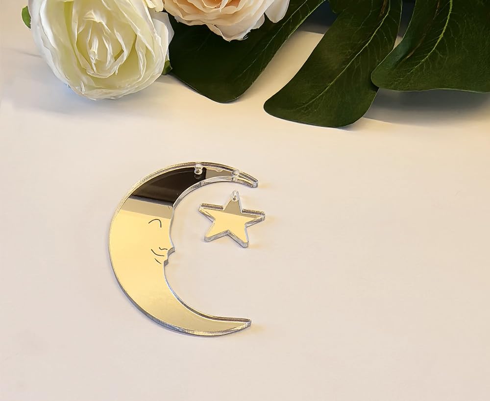 Set of 20 Crescent Moon and Star,Christmas Moon and Star Hanging Ornament for Window &Christmas Tree Decoration (Siver Mirror)