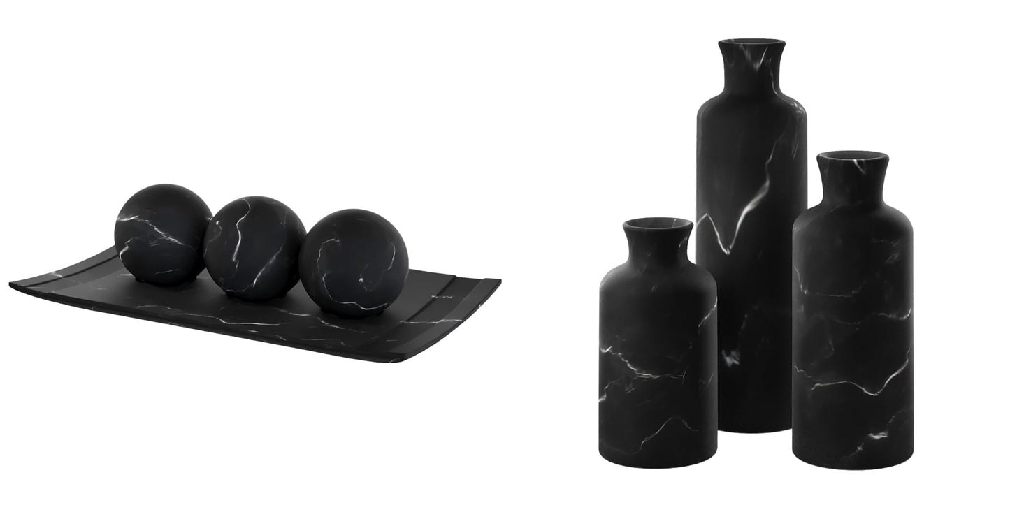Creative Scents Black Marble Look Home Decor Tray and Orb Set with Matching Set of 3 Vases - Coffee Table Decor for Living Room Centerpiece Table Decorations for Dining, Kitchen Counter, Foyer