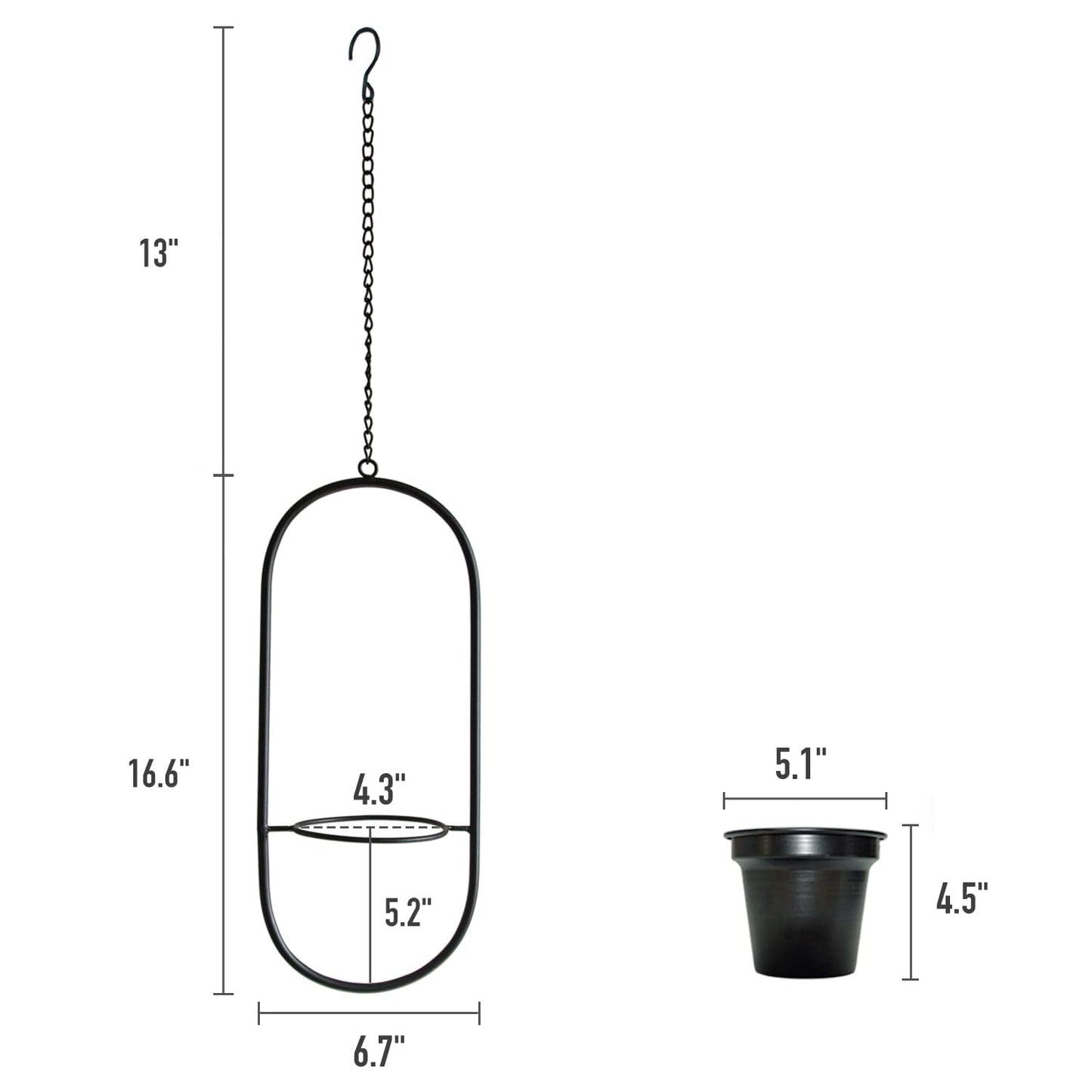HemePaha Modern Metal Hanging Planters with 5 Inch Pots - Set of 2 Oval Geometric Plant Hangers - Black Wall and Ceiling Mount Flower Holders for Indoor and Covered Outdoor Houseplants