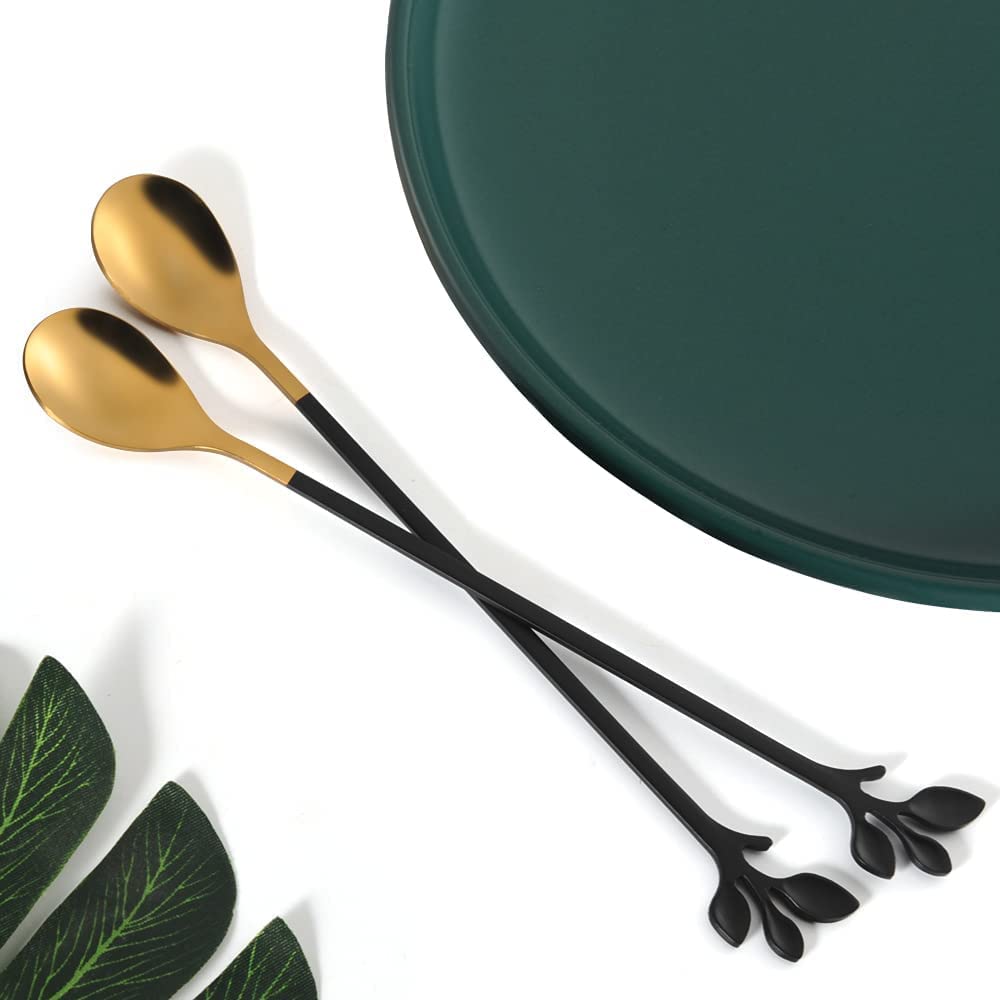 AnSaw 6-Piece Elegant Black & Gold Leaf Long Handle Teaspoons - 7.4"